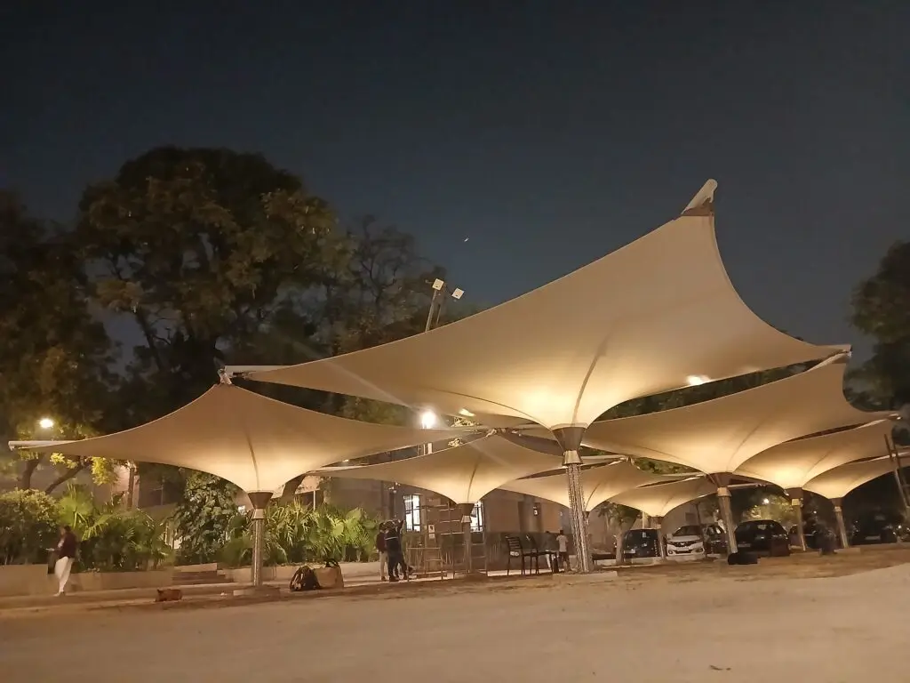Tensile inverted umbrella structure at CEPT University, Ahmedabad