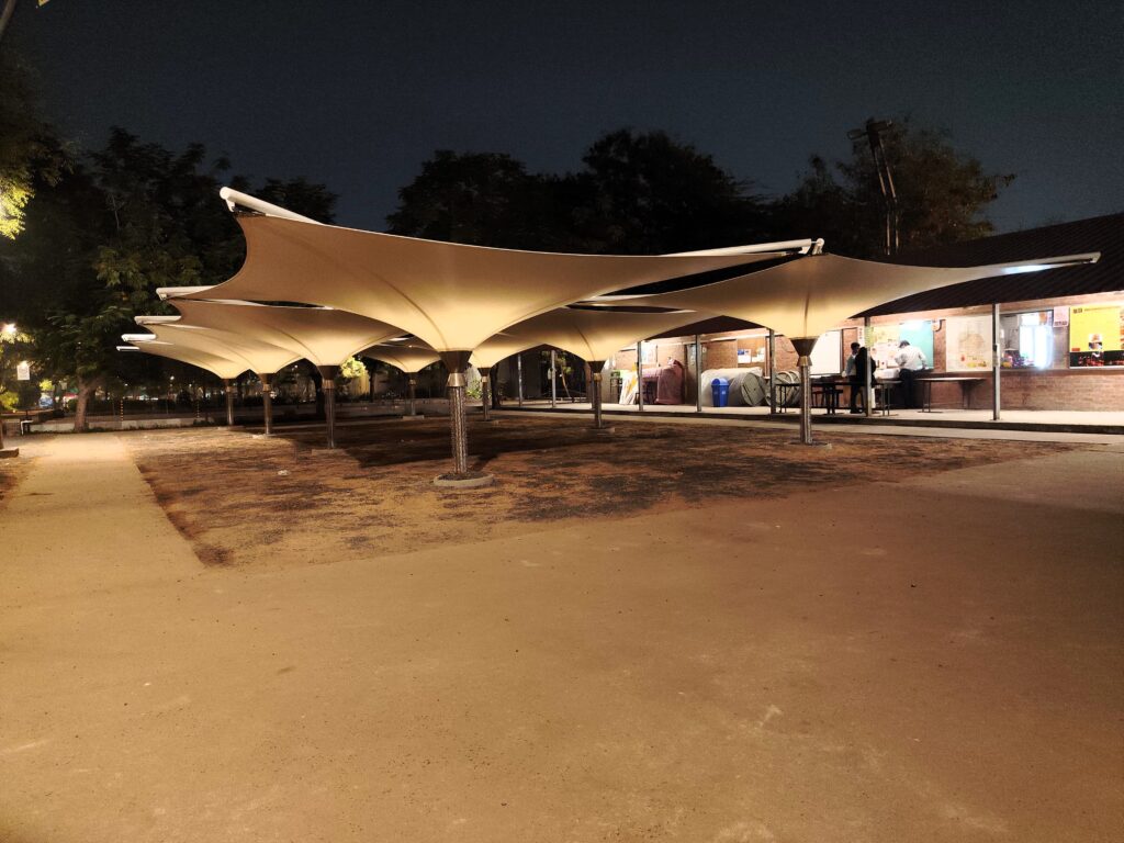 Tensile inverted umbrella structure at CEPT University, Ahmedabad