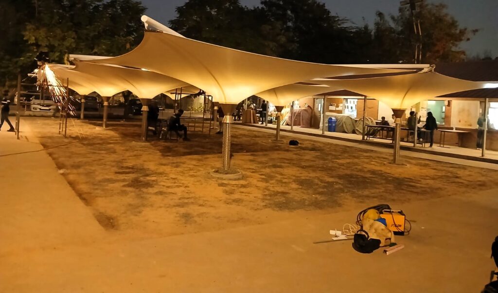 Tensile inverted umbrella structure at CEPT University, Ahmedabad