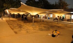 Tensile inverted umbrella structure at CEPT University, Ahmedabad