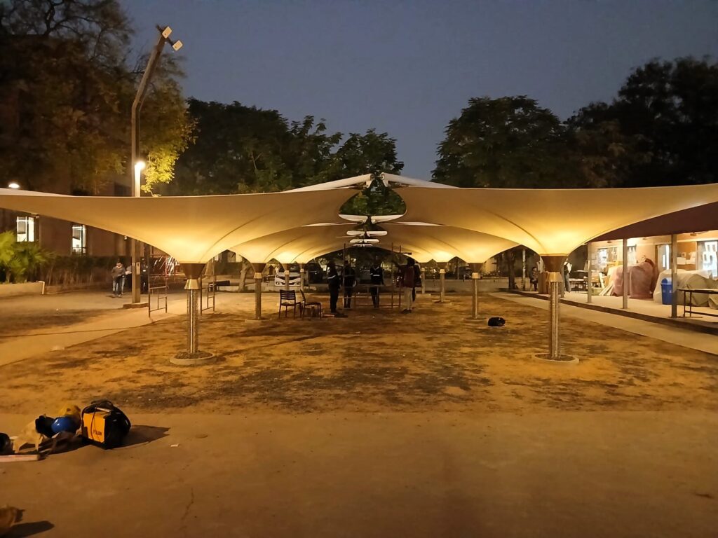 Tensile inverted umbrella structure at CEPT University, Ahmedabad