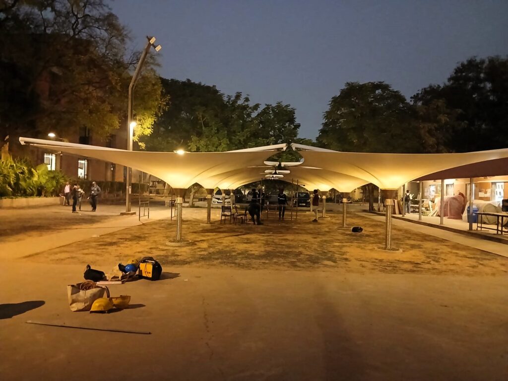 Tensile inverted umbrella structure at CEPT University, Ahmedabad