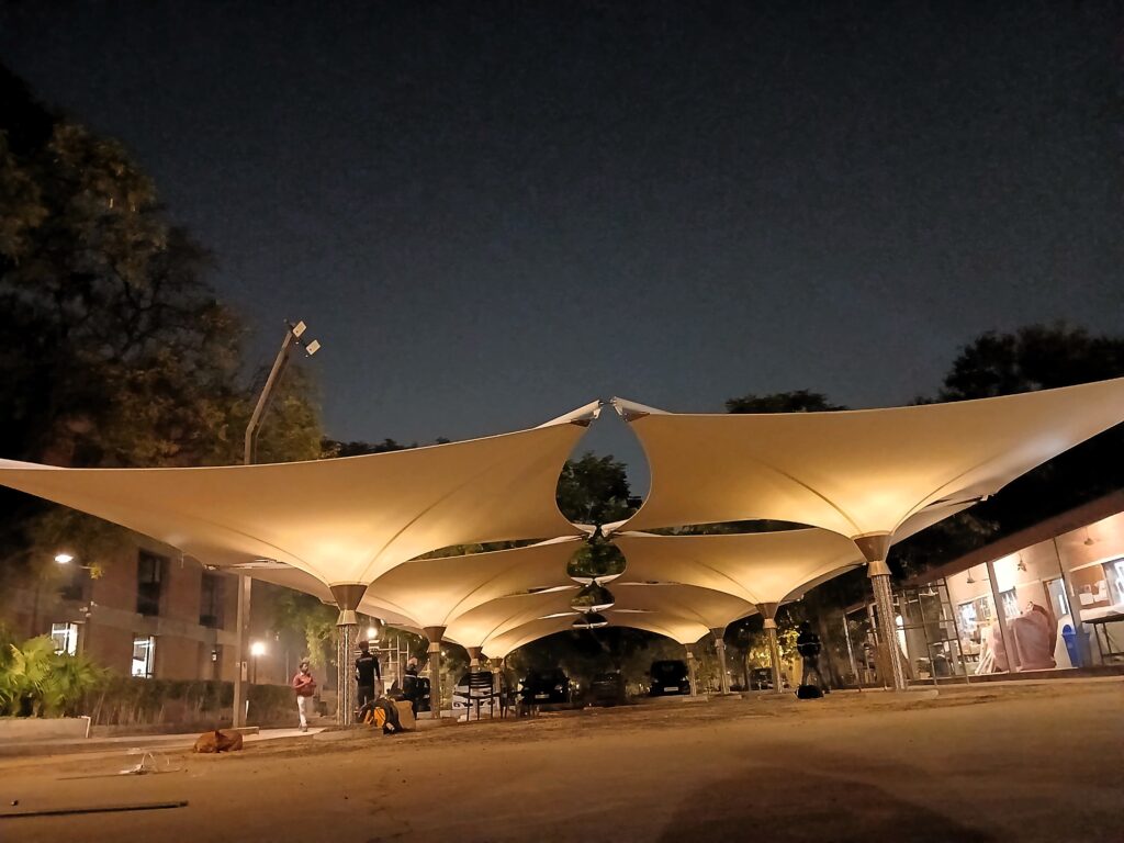 Tensile inverted umbrella structure at CEPT University, Ahmedabad